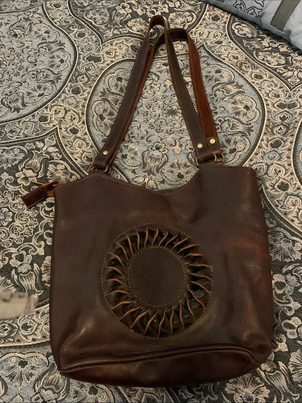 Earth Art Hand Crafted Artisan Brown Leather Shoulder Bag with Braided Medallion